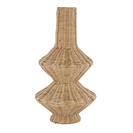 16" Brown Rattan Handmade Fluted Hourglass Vase